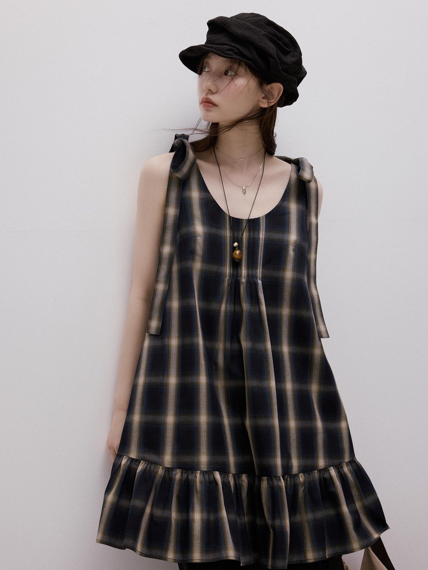 FUSSED Blue Plaid Layered Splice Sculptural Tie A Line Women&