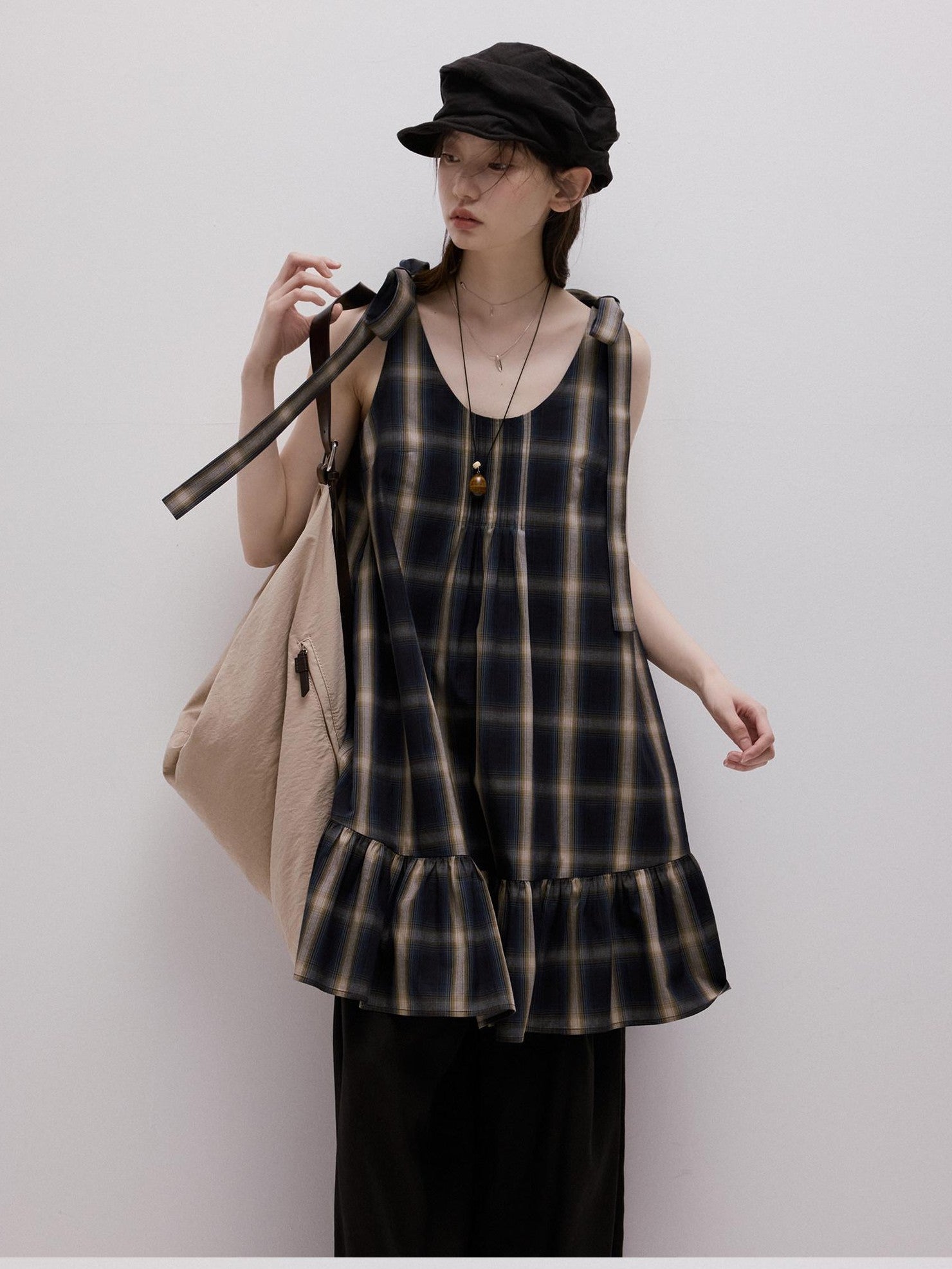 FUSSED Blue Plaid Layered Splice Sculptural Tie A Line Women&