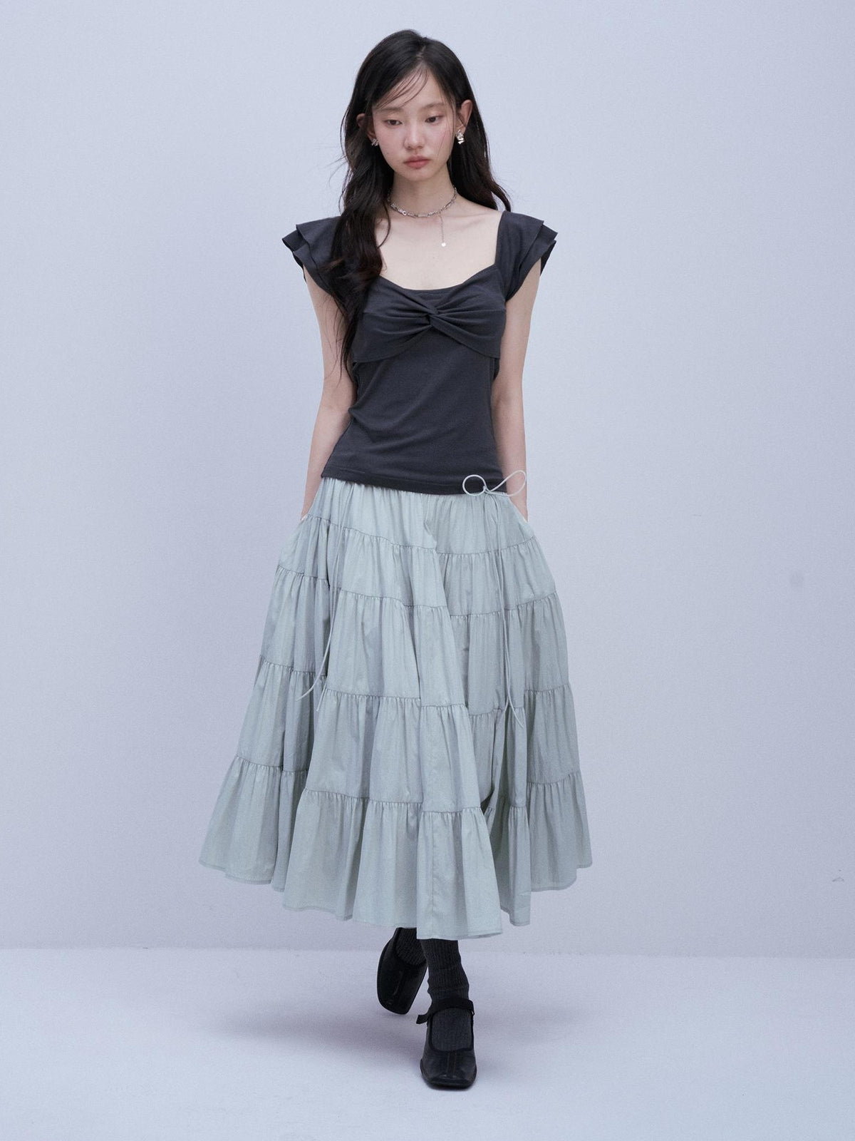 FUSSED Blue Square Neck Flutter Sleeve Slim Fit Women&