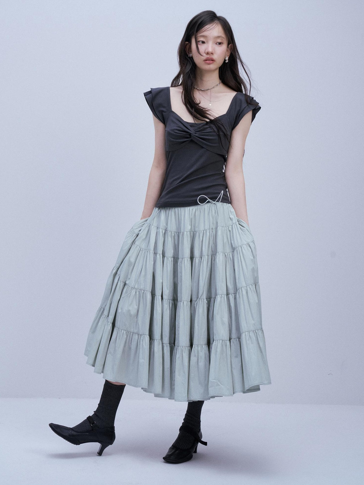 FUSSED Blue Square Neck Flutter Sleeve Slim Fit Women&
