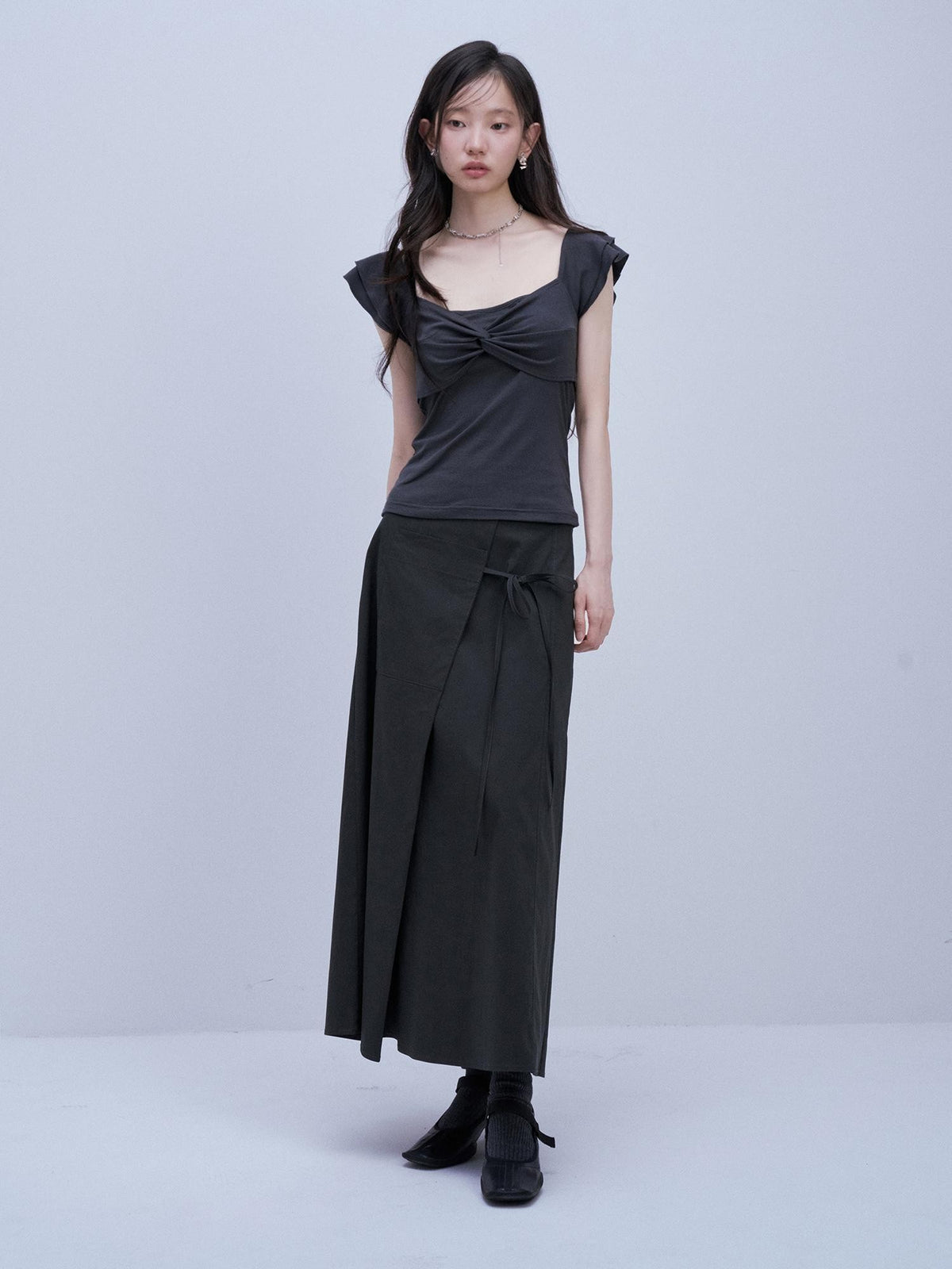 FUSSED Blue Square Neck Flutter Sleeve Slim Fit Women&