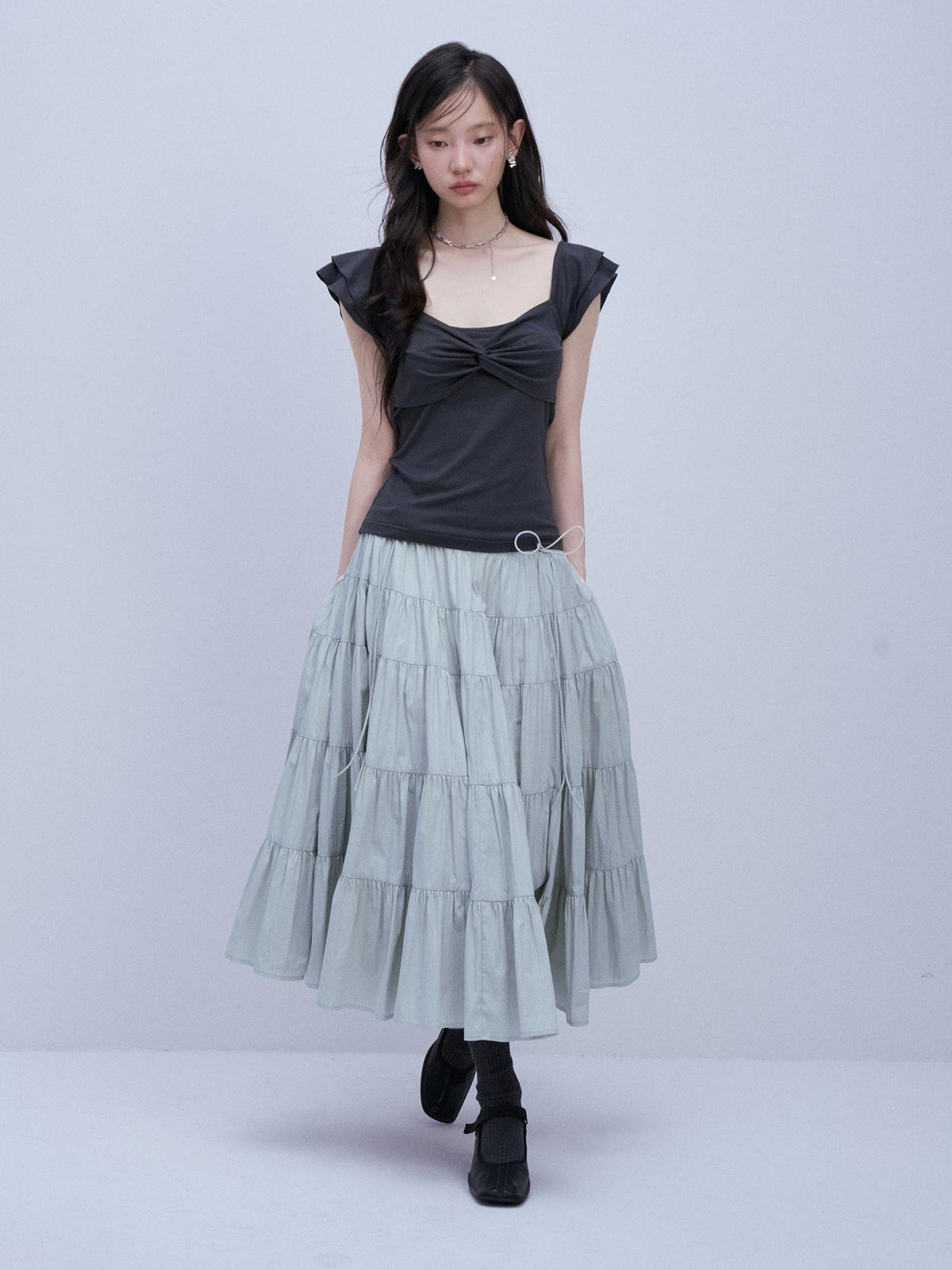 FUSSED Blue Square Neck Flutter Sleeve Slim Fit Women&