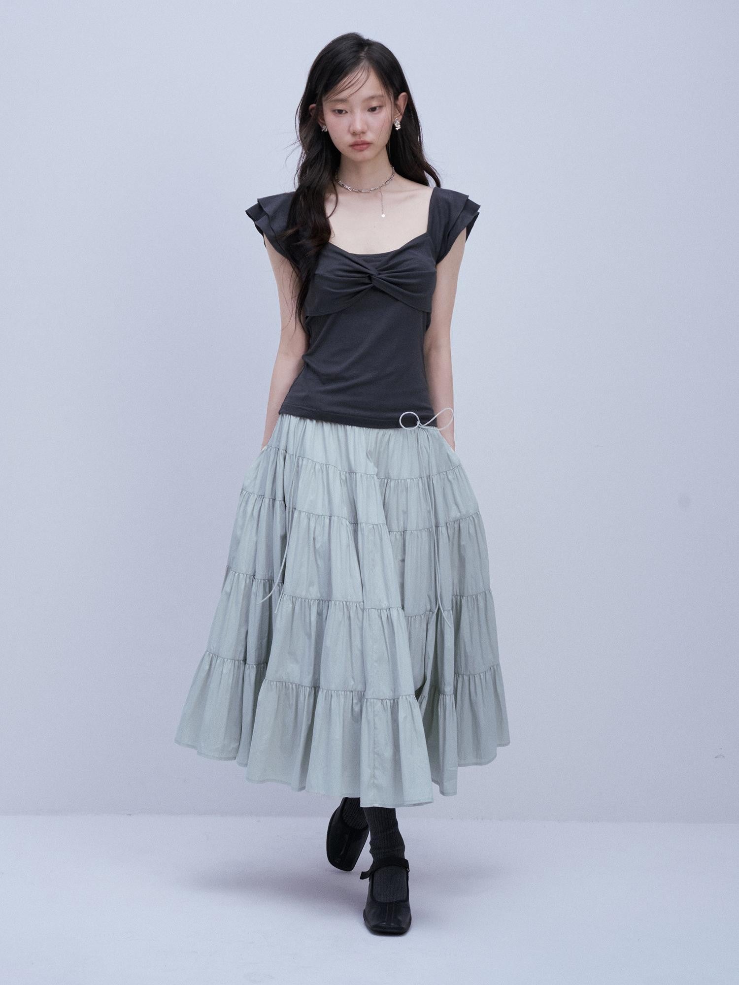 FUSSED Blue Square Neck Flutter Sleeve Slim Fit Women&