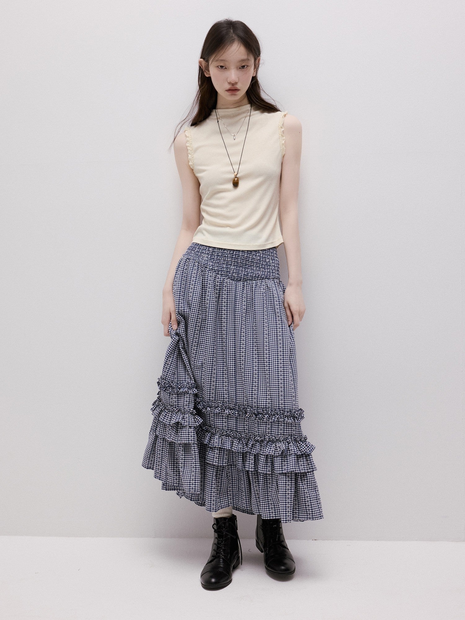 FUSSED_Blue_Vichy_Embroidered_Jacquard_Layered_Two_Way_Women&