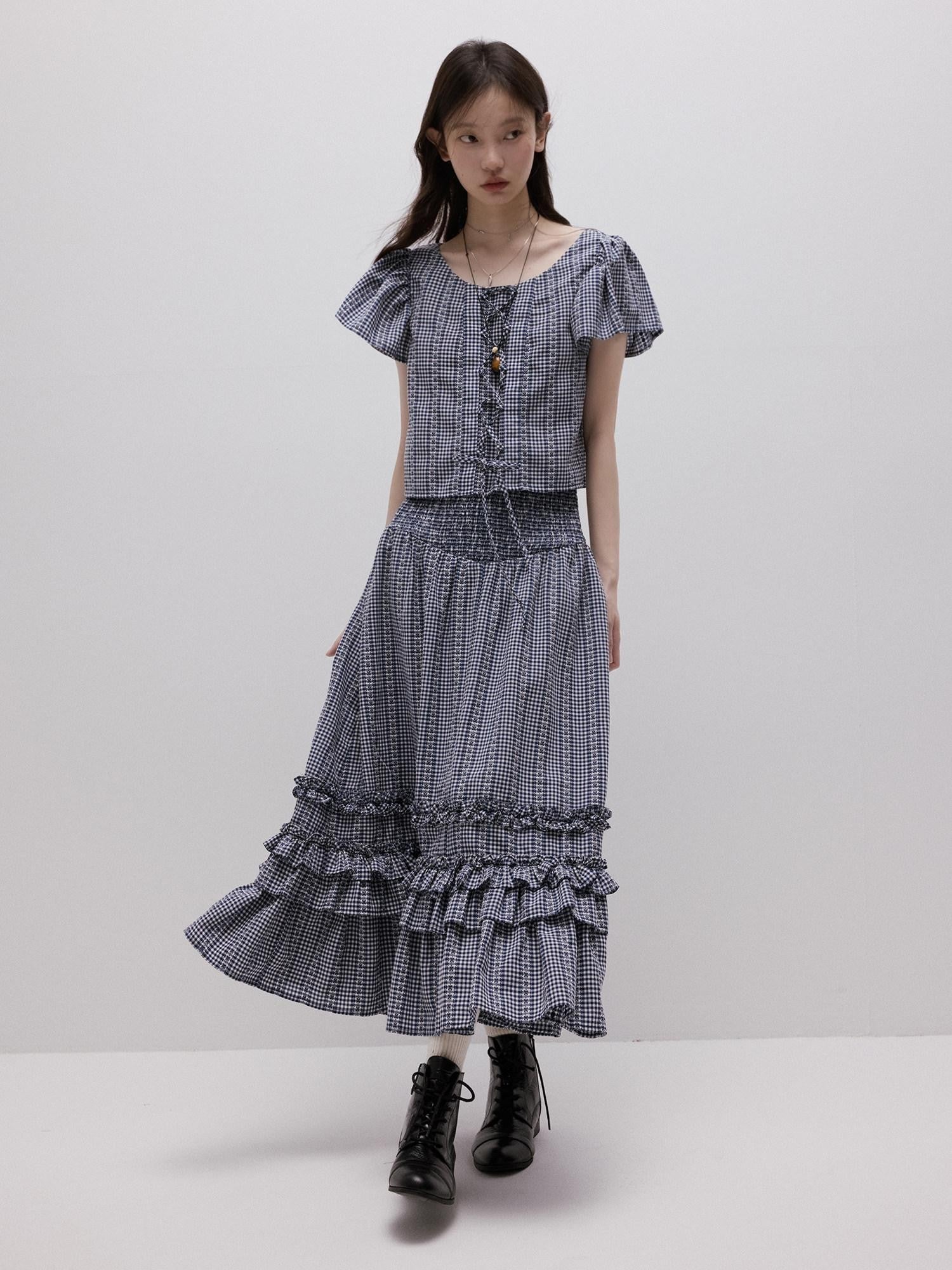 FUSSED Blue Vichy Embroidered Jacquard Layered Two Way Women&