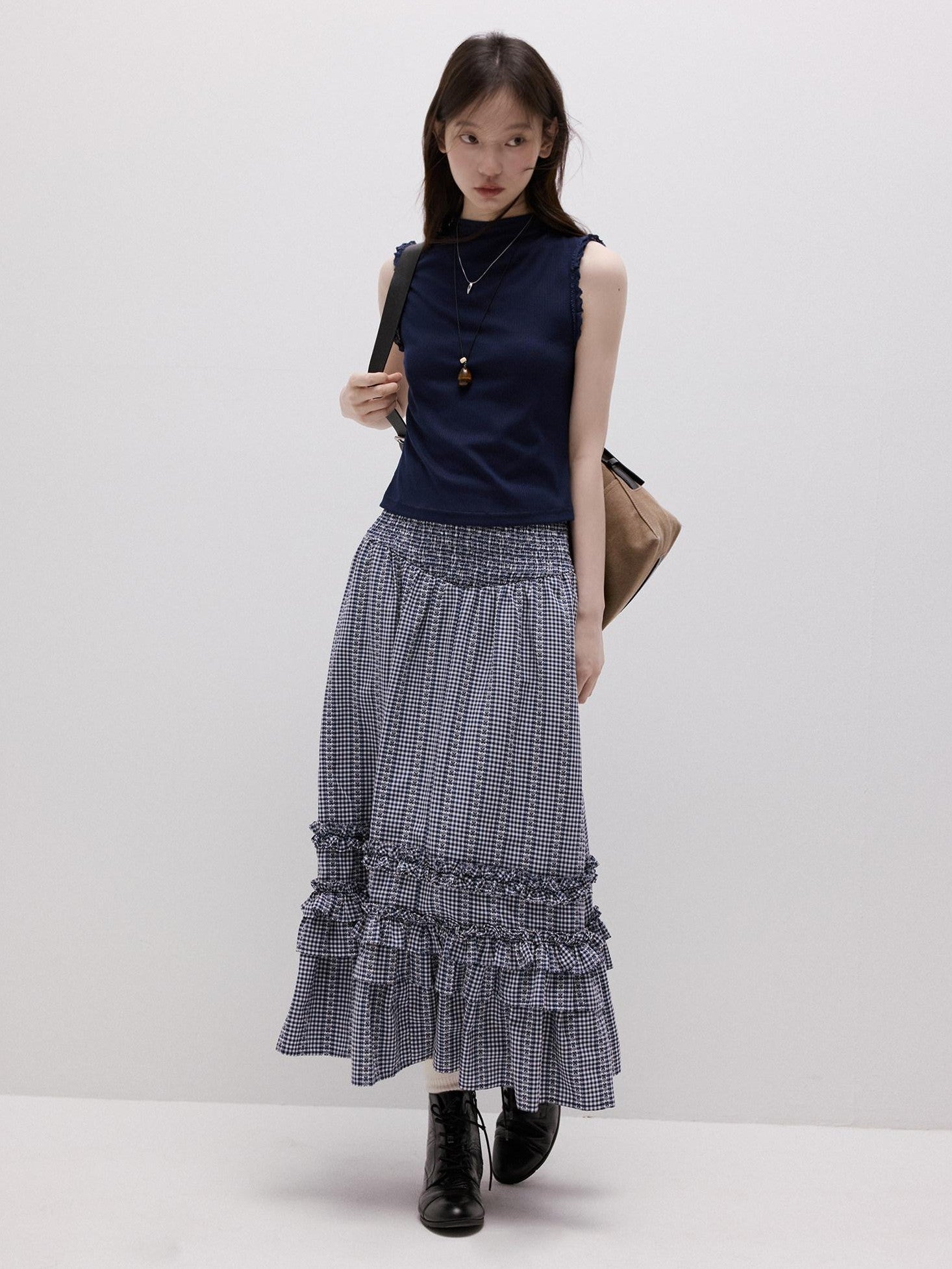 FUSSED Blue Vichy Embroidered Jacquard Layered Two Way Women&