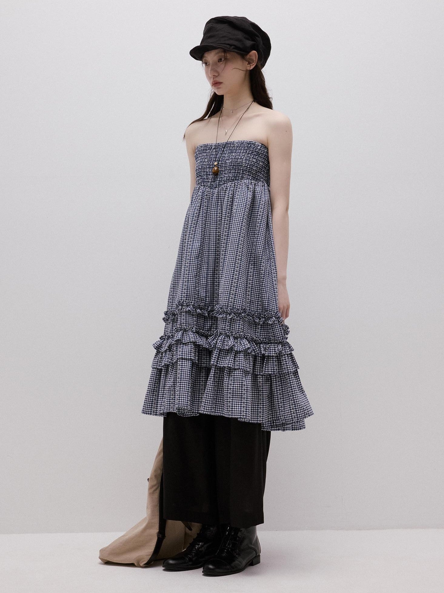 FUSSED Blue Vichy Embroidered Jacquard Layered Two Way Women&
