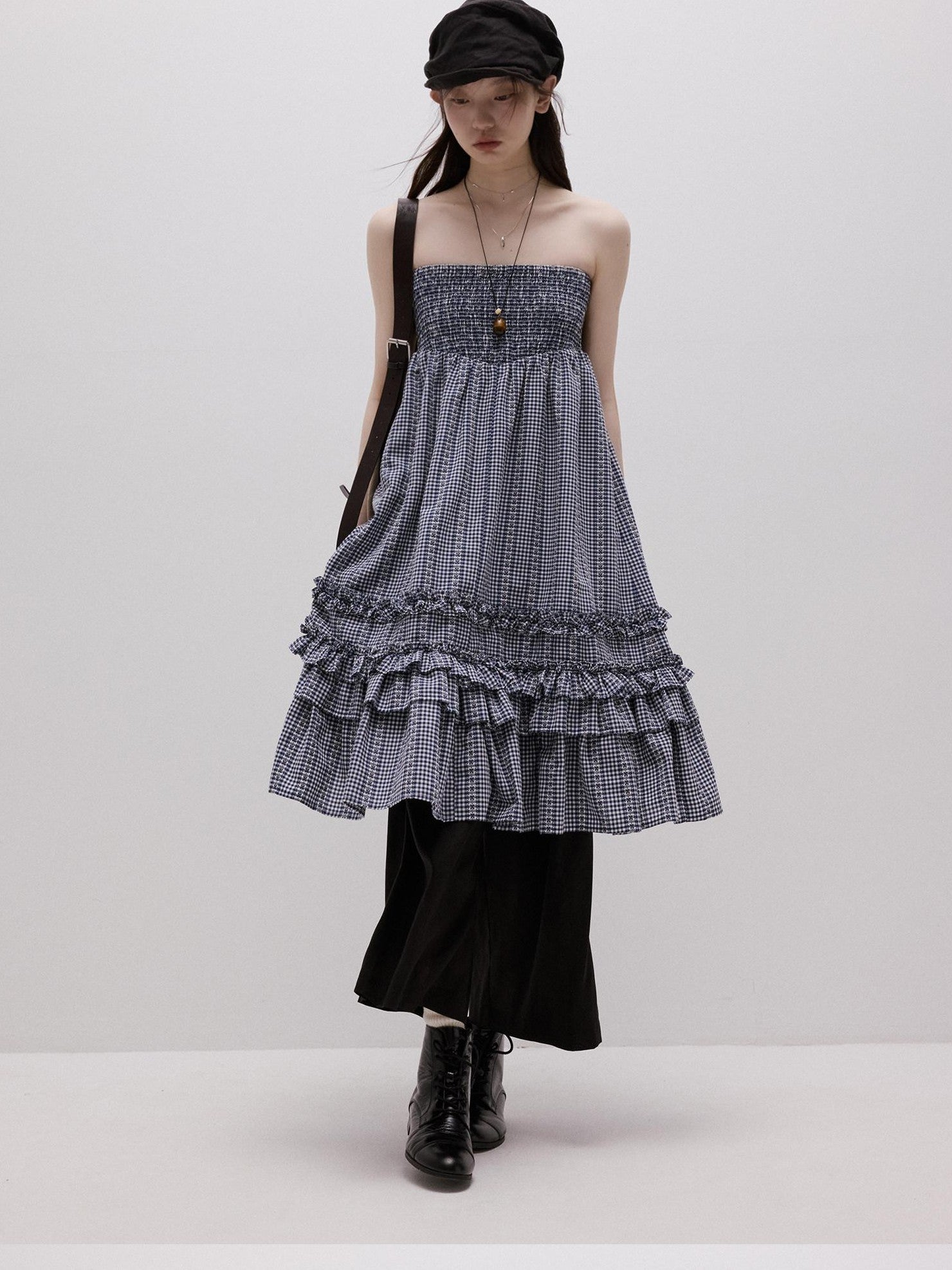 FUSSED Blue Vichy Embroidered Jacquard Layered Two Way Women&