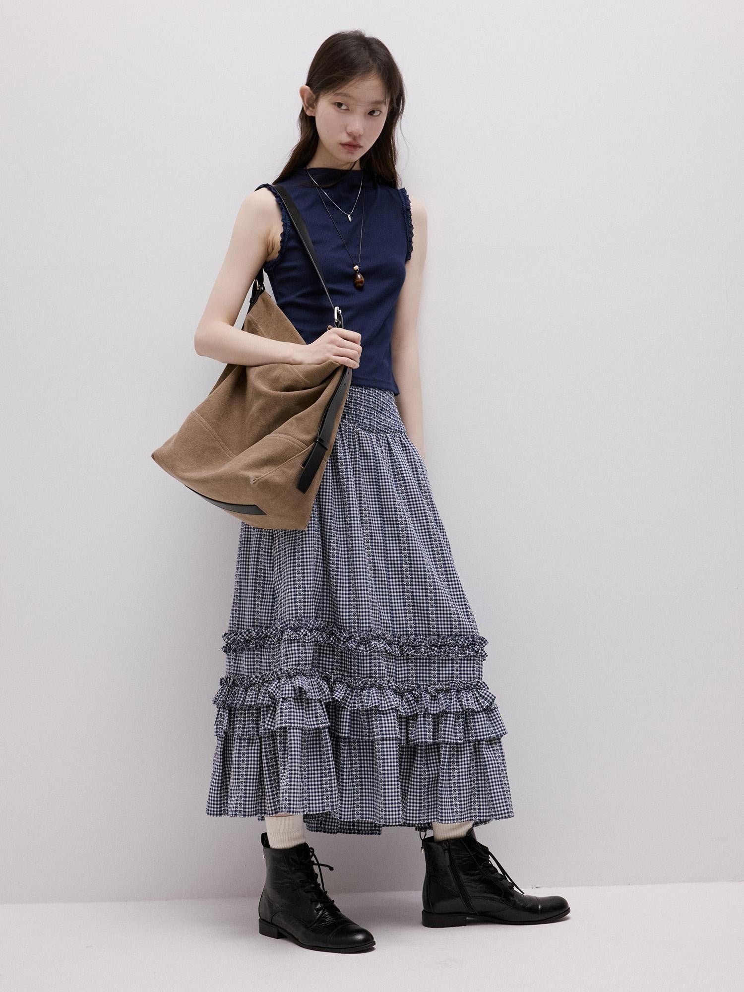 FUSSED Blue Vichy Embroidered Jacquard Layered Two Way Women&