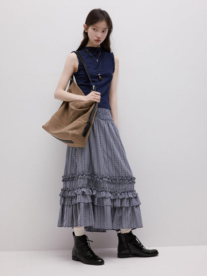 FUSSED Blue Vichy Embroidered Jacquard Layered Two Way Women&