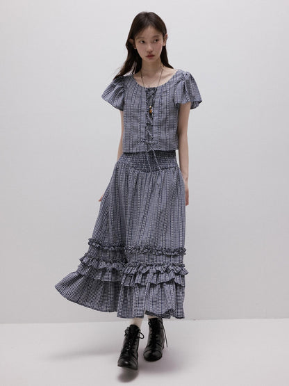 FUSSED Blue Vichy Embroidered Jacquard Layered Two Way Women&