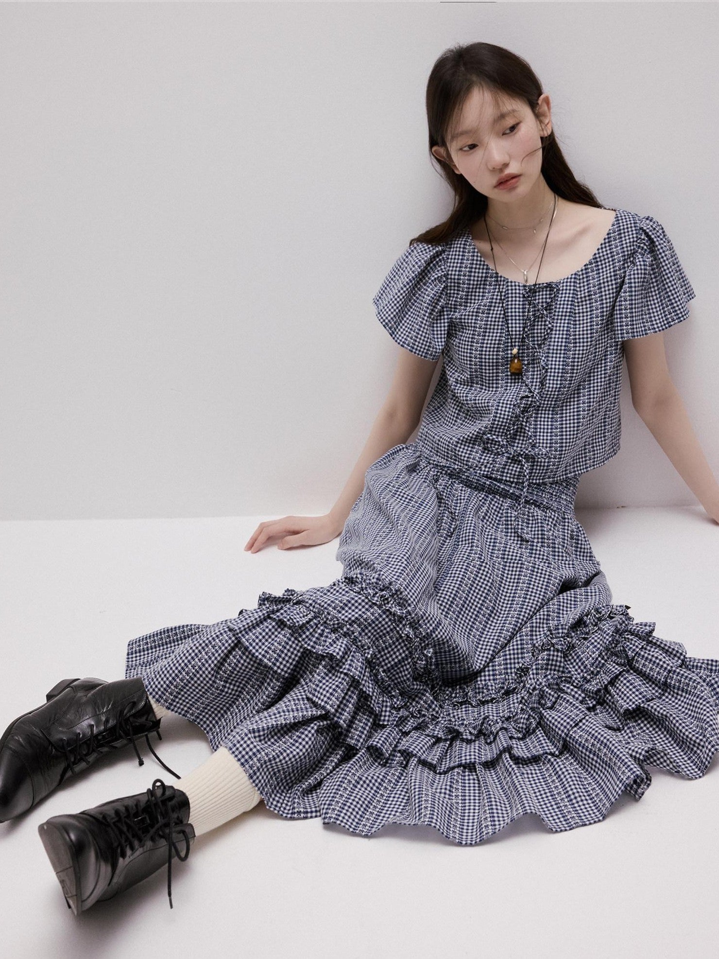 FUSSED Blue Vichy Embroidered Jacquard Layered Two Way Women&