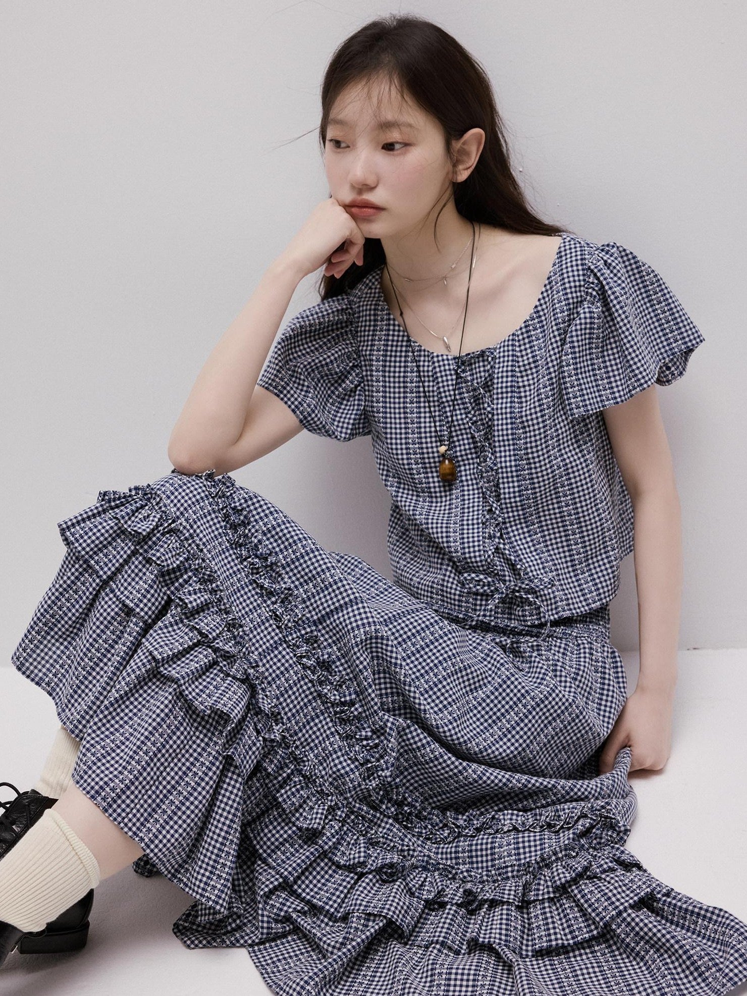 FUSSED Blue Vichy Embroidered Jacquard Layered Two Way Women&