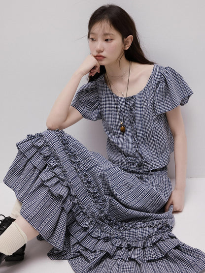 FUSSED Blue Vichy Embroidered Jacquard Layered Two Way Women&