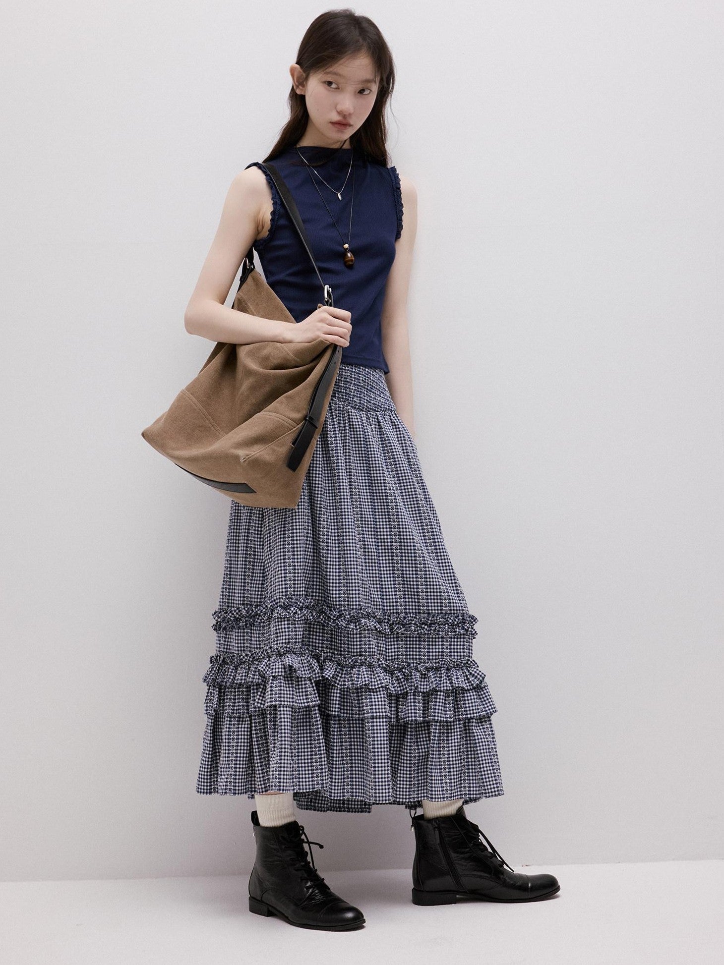 FUSSED Blue Vichy Embroidered Jacquard Layered Two Way Women&