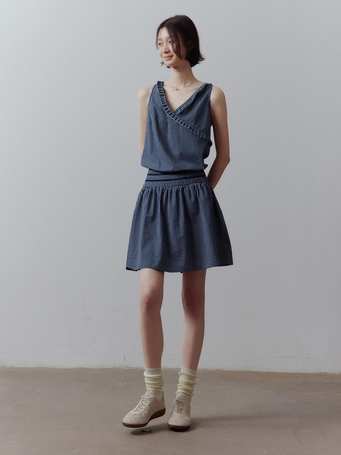 FUSSED Blue Vichy Patchwork Asymmetric Ruffle Cinched Waist Women&