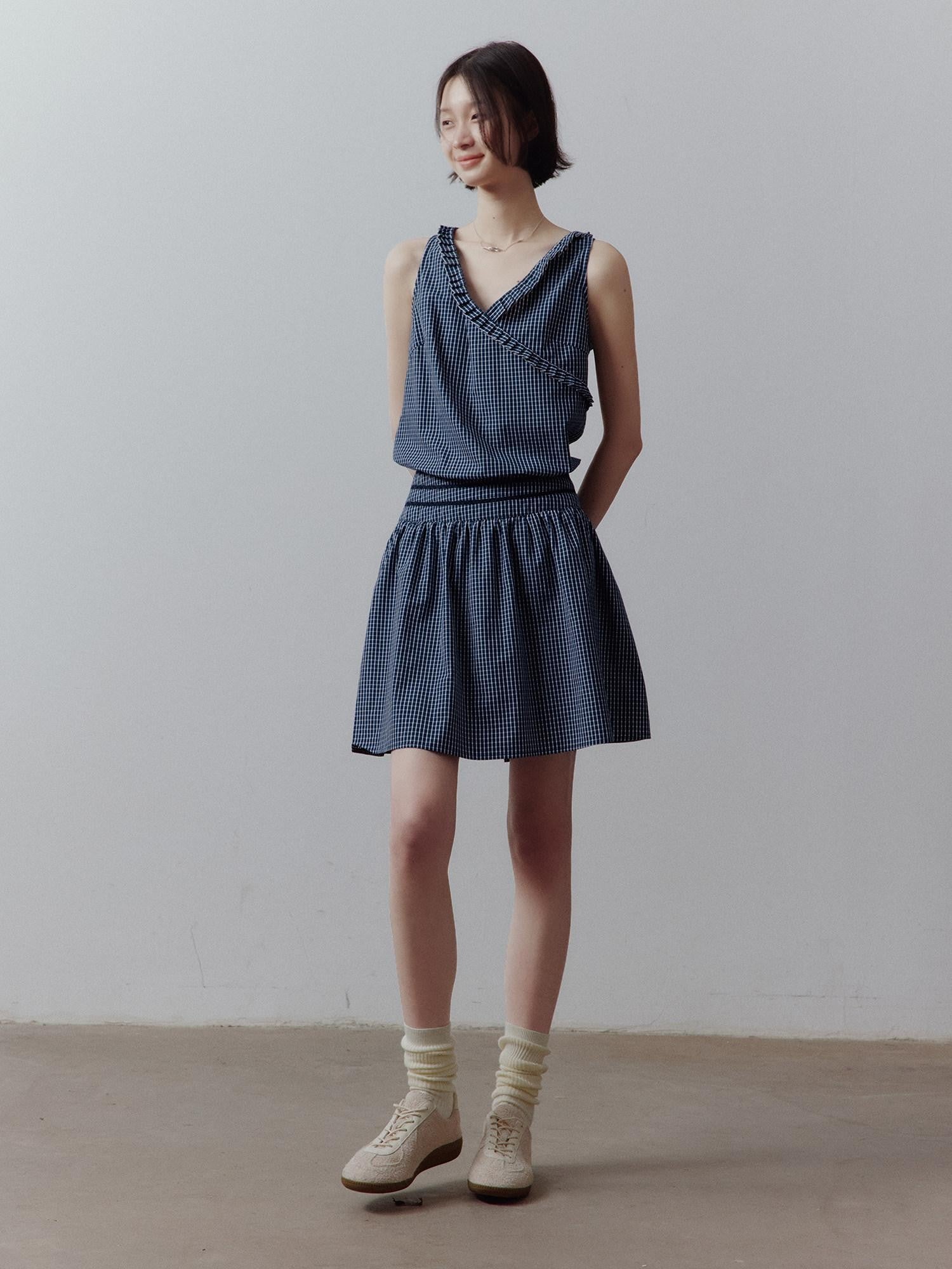 FUSSED Blue Vichy Patchwork Asymmetric Ruffle Cinched Waist Women&