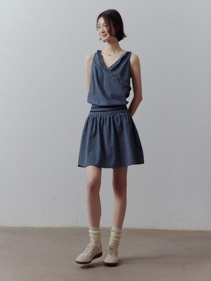 FUSSED Blue Vichy Patchwork Asymmetric Ruffle Cinched Waist Women&