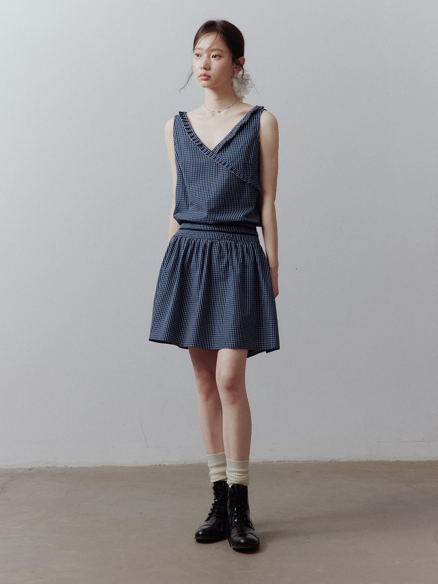 FUSSED Blue Vichy Patchwork Asymmetric Ruffle Cinched Waist Women&