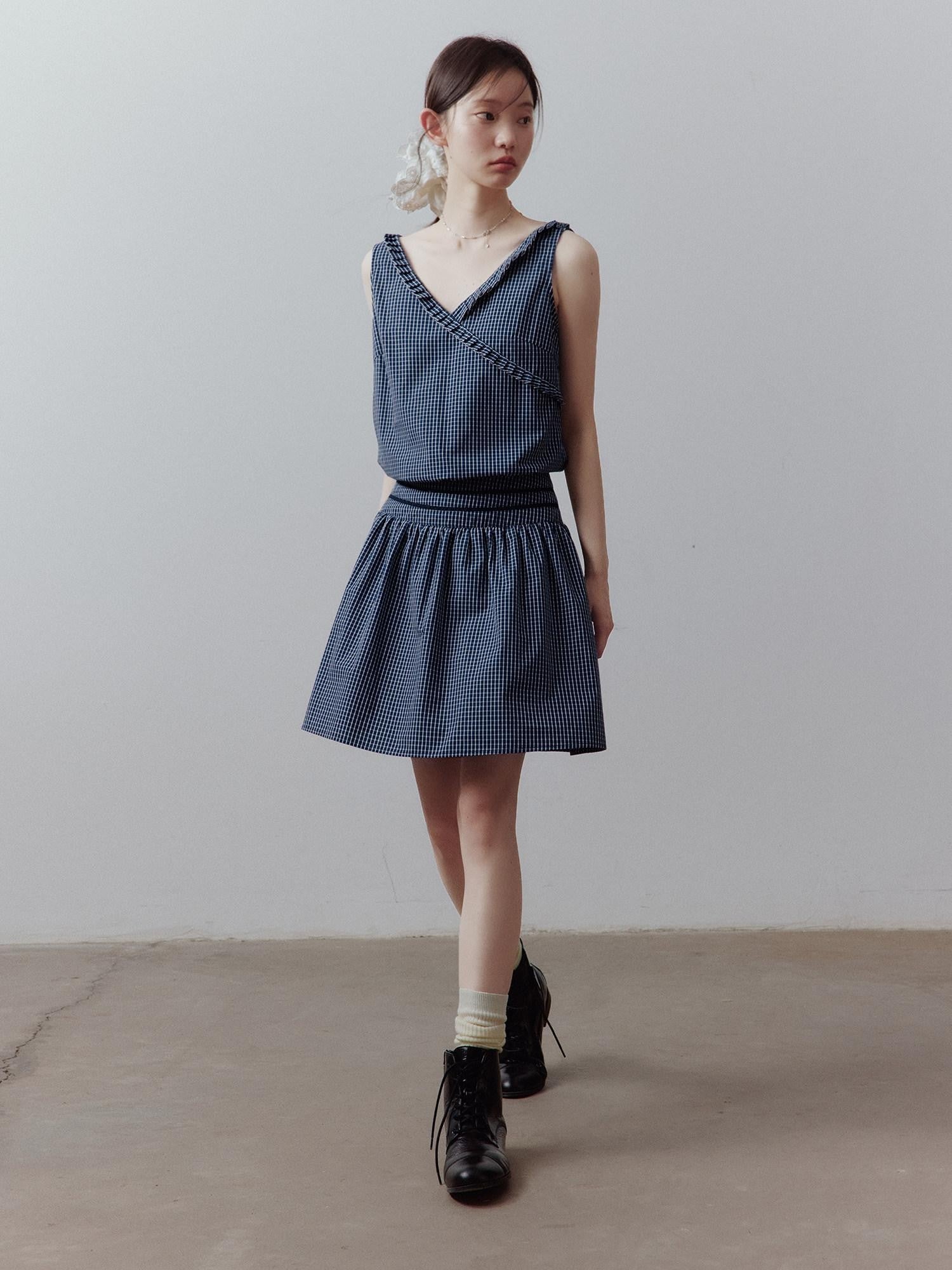 FUSSED Blue Vichy Patchwork Asymmetric Ruffle Cinched Waist Women&