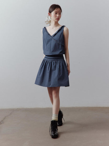 FUSSED Blue Vichy Patchwork Asymmetric Ruffle Cinched Waist Women&