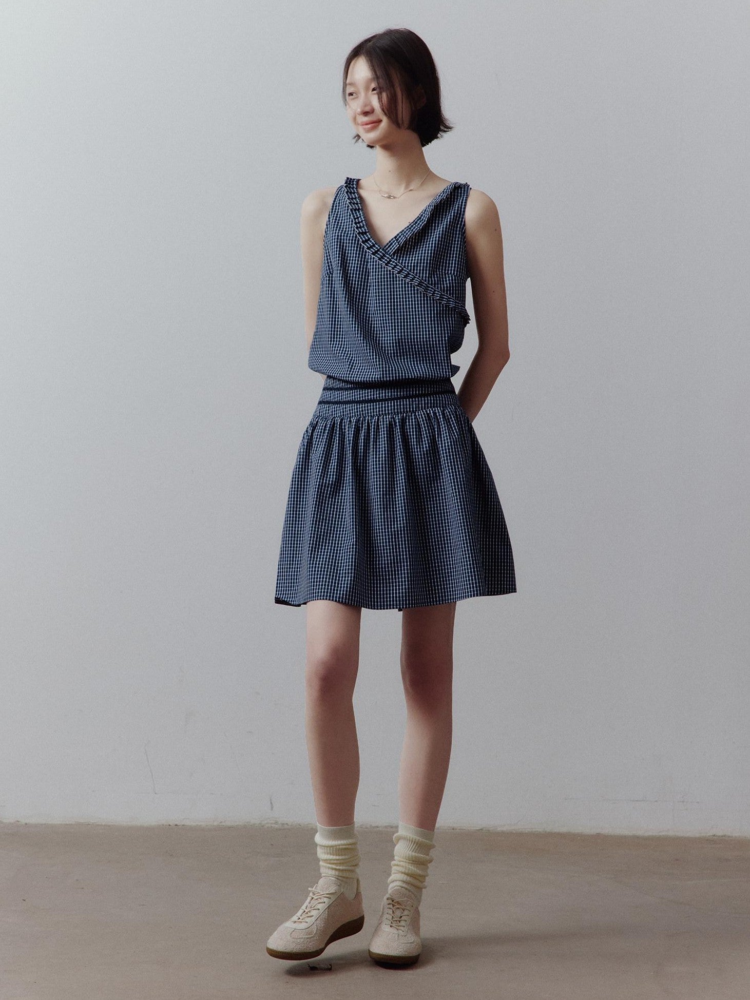 FUSSED Blue Vichy Patchwork Asymmetric Ruffle Cinched Waist Women&
