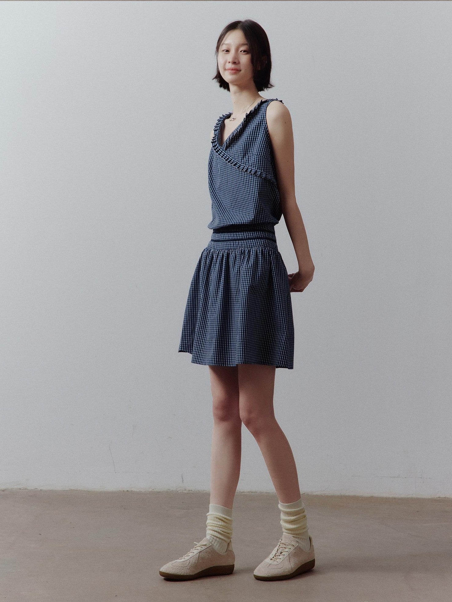 FUSSED Blue Vichy Patchwork Asymmetric Ruffle Cinched Waist Women&