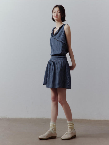 FUSSED Blue Vichy Patchwork Asymmetric Ruffle Cinched Waist Women&