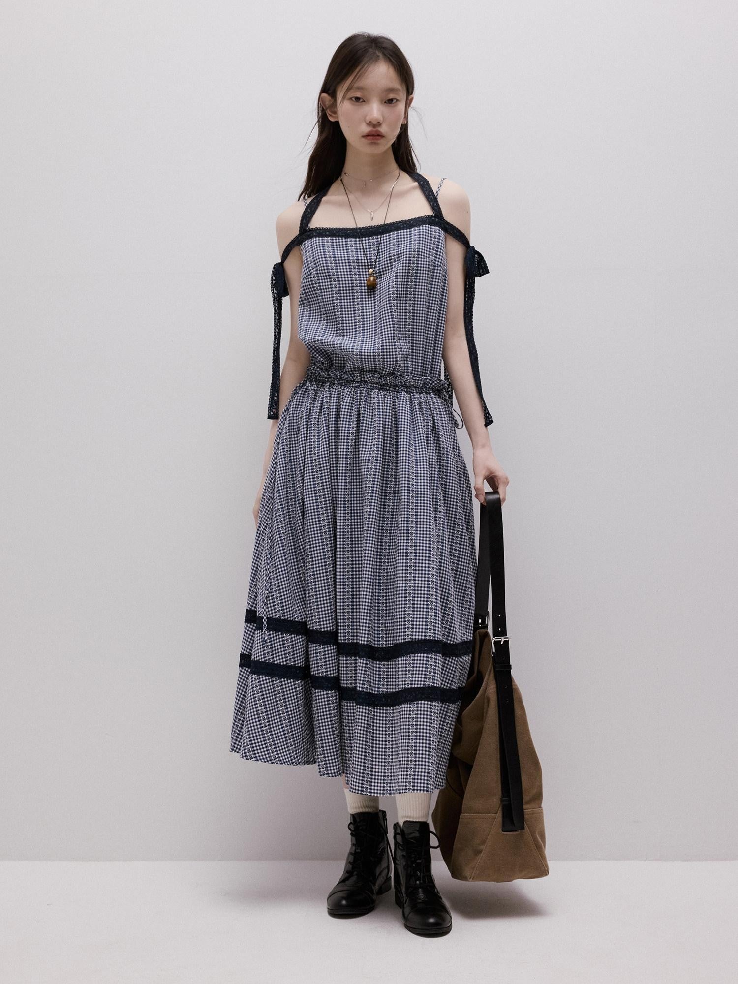 FUSSED Blue White Gingham Jacquard Layered Splice Women&