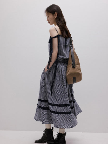 FUSSED Blue White Gingham Jacquard Layered Splice Women&