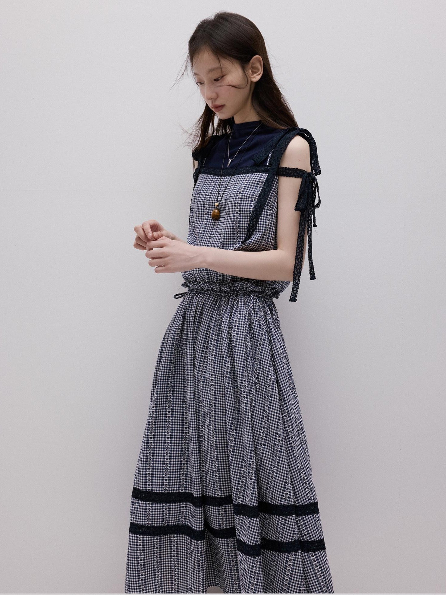 FUSSED Blue White Gingham Jacquard Layered Splice Women&