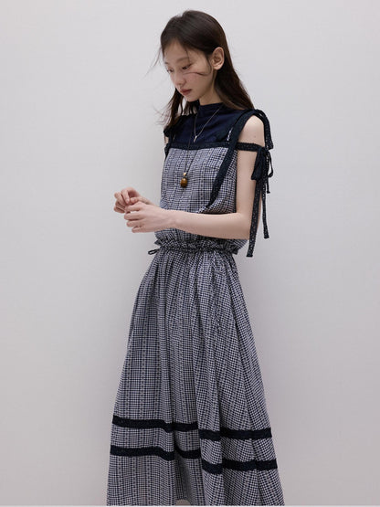FUSSED Blue White Gingham Jacquard Layered Splice Women&