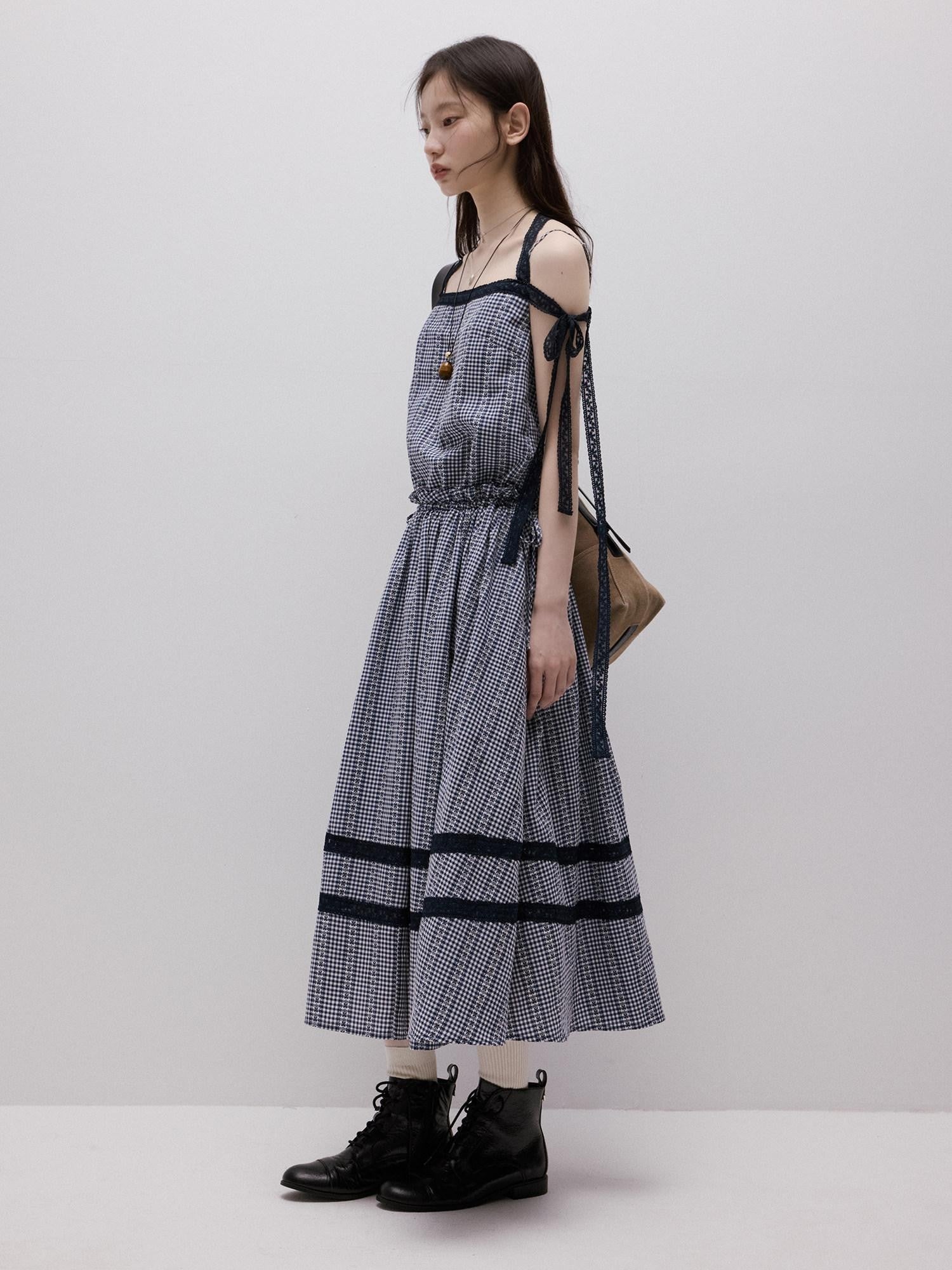 FUSSED Blue White Gingham Jacquard Layered Splice Women&