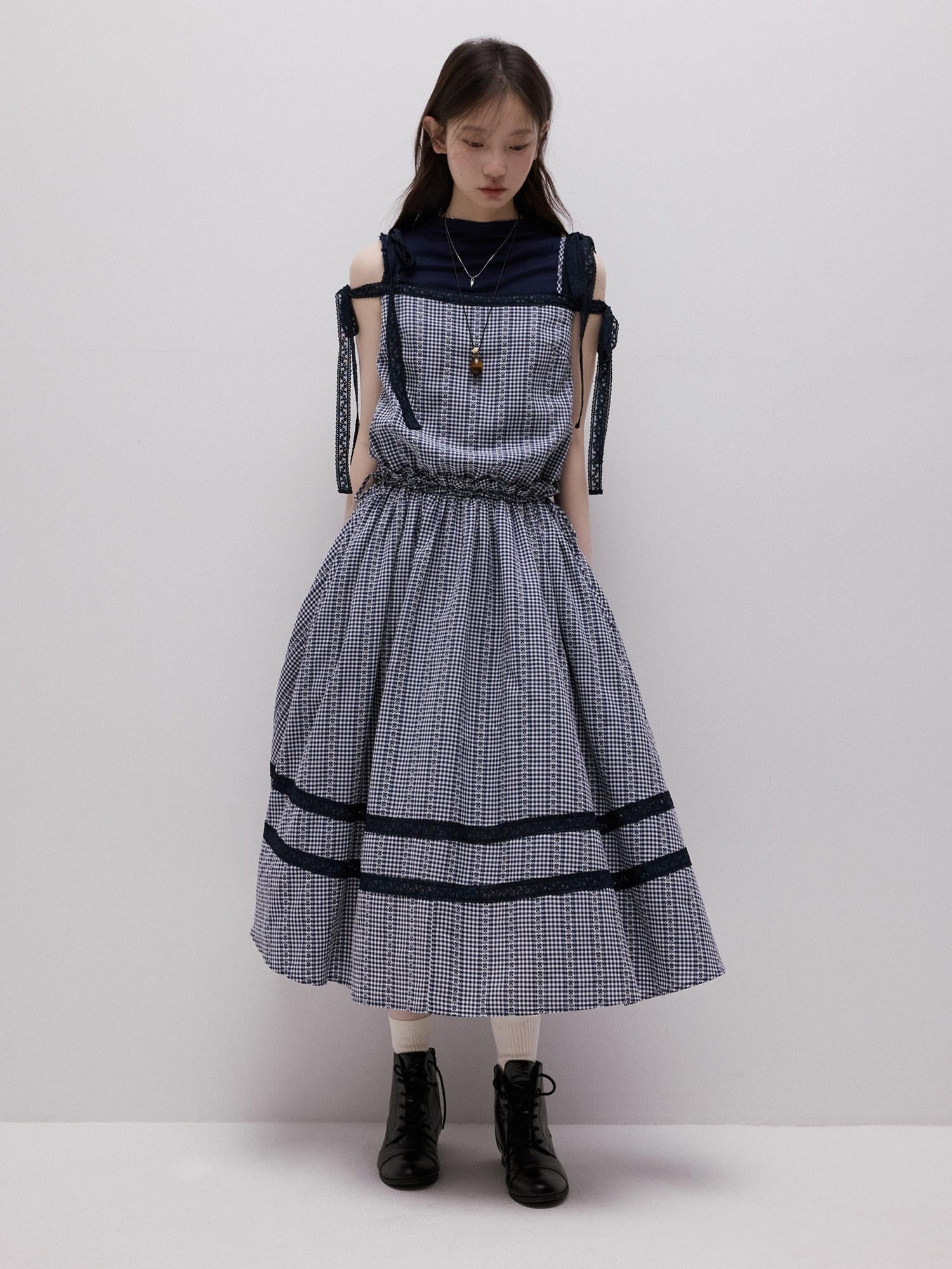FUSSED Blue White Gingham Jacquard Layered Splice Women&