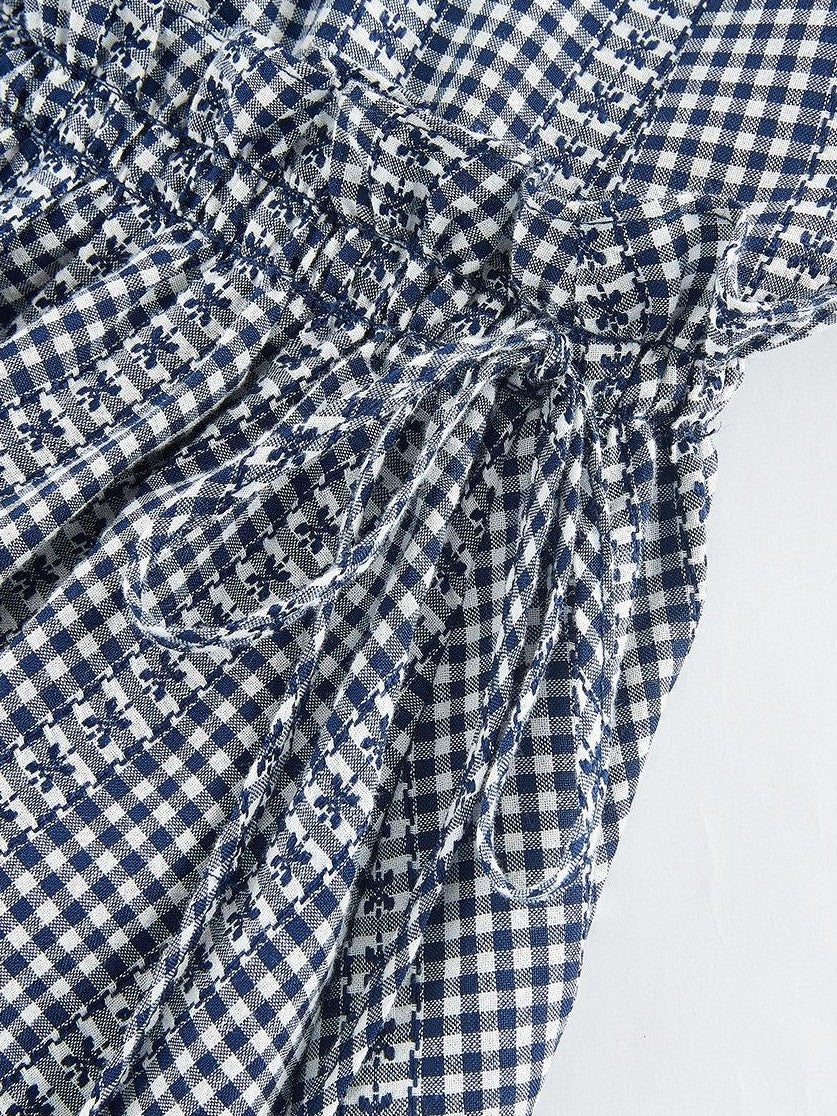 FUSSED Blue White Gingham Jacquard Layered Splice Women&