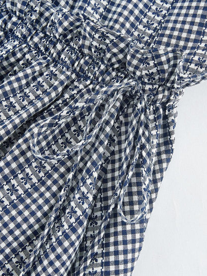 FUSSED Blue White Gingham Jacquard Layered Splice Women&