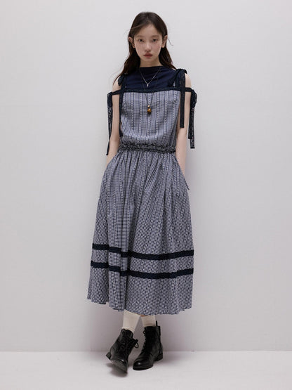 FUSSED Blue White Gingham Jacquard Layered Splice Women&