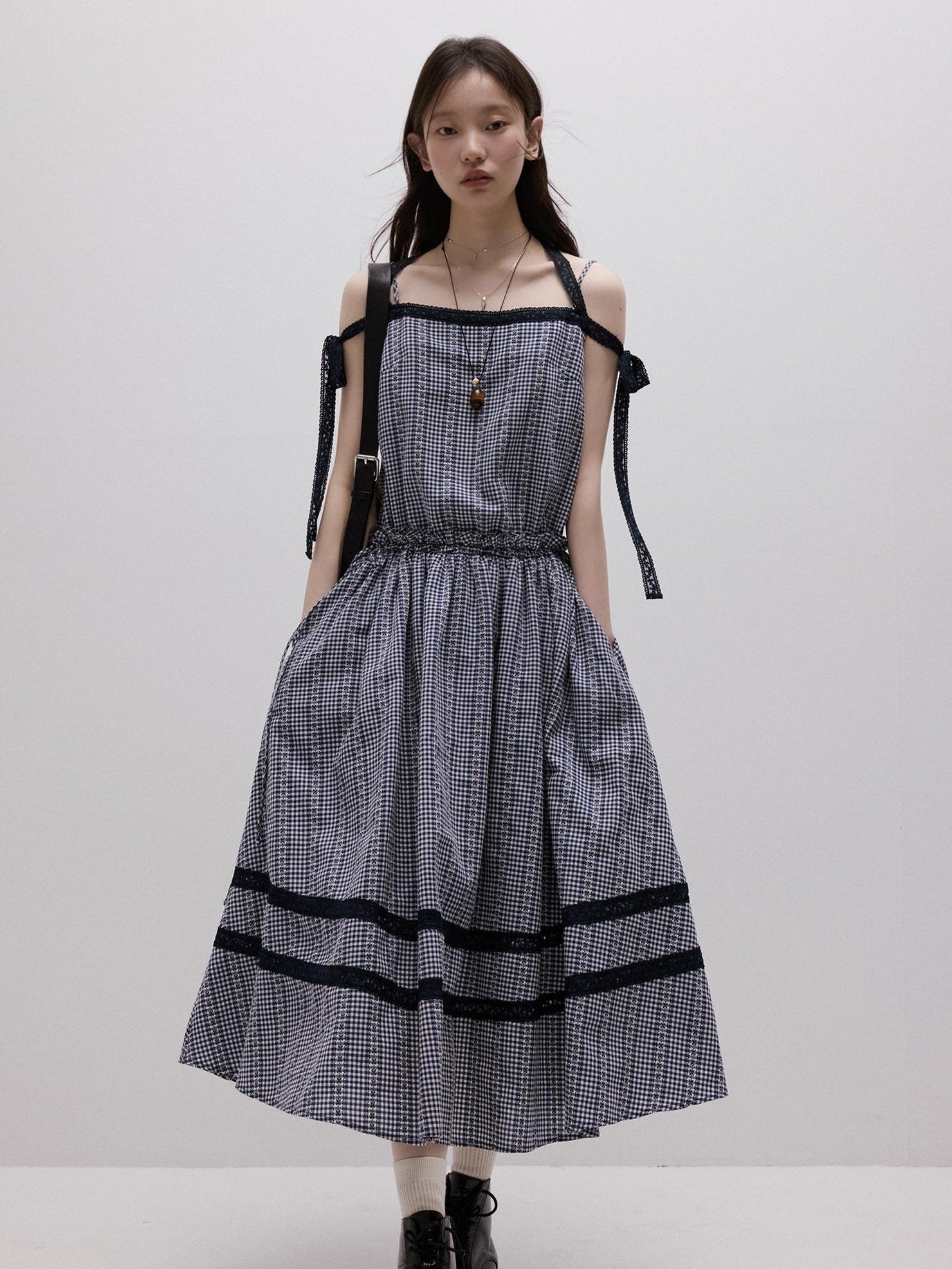 FUSSED Blue White Gingham Jacquard Layered Splice Women&