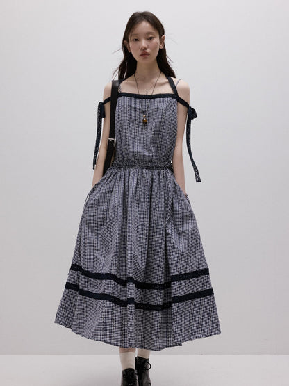 FUSSED Blue White Gingham Jacquard Layered Splice Women&