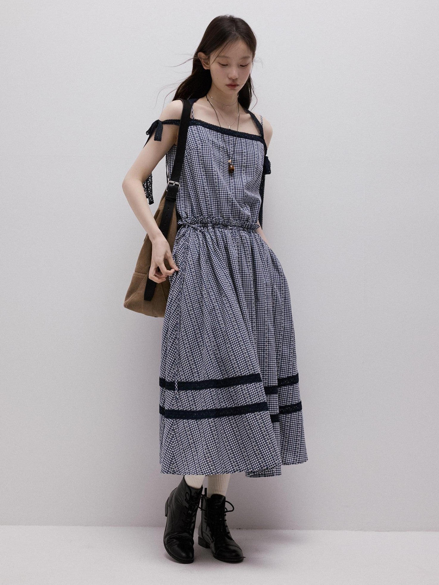 FUSSED Blue White Gingham Jacquard Layered Splice Women&