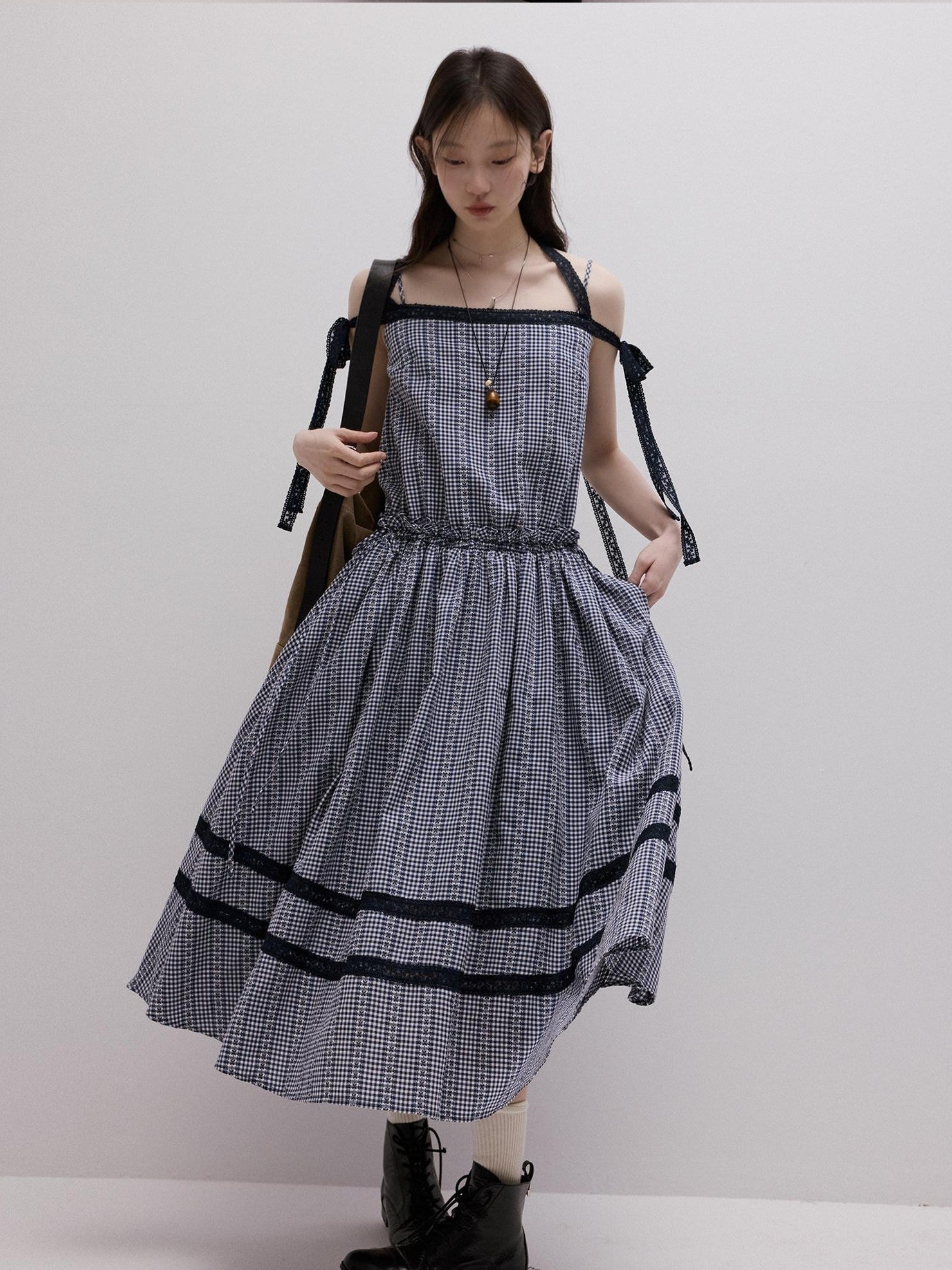 FUSSED Blue White Gingham Jacquard Layered Splice Women&