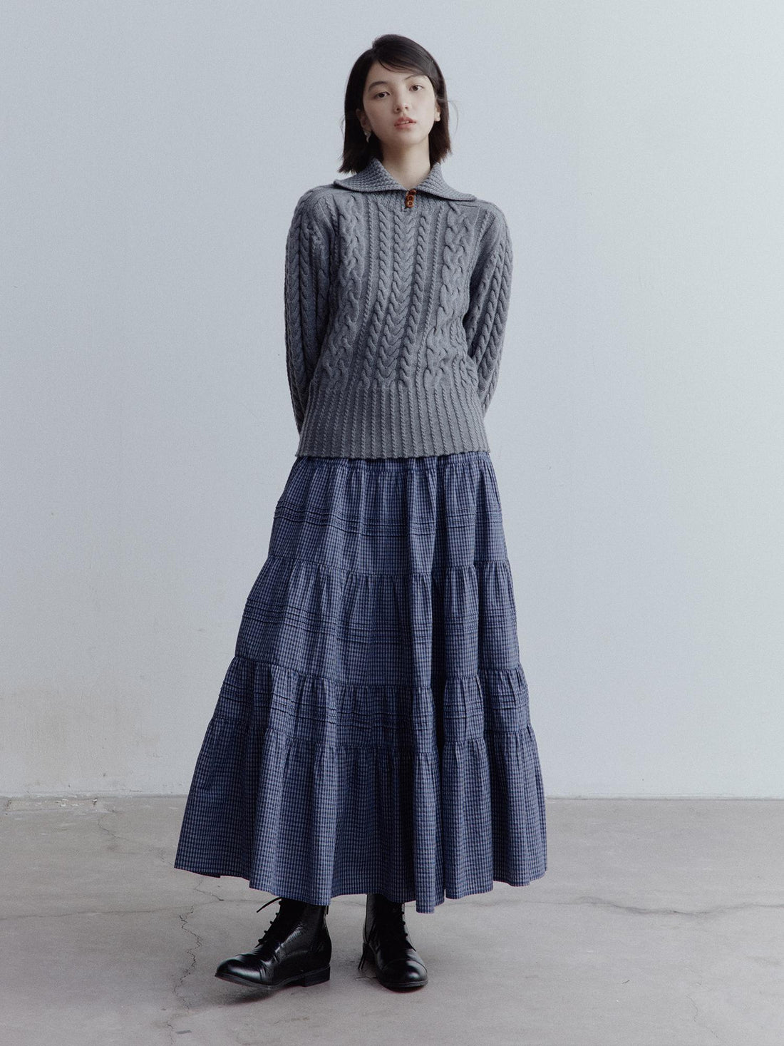 FUSSED Blue White Grid Tiered Ruffle Hem A Line Midi Skirt