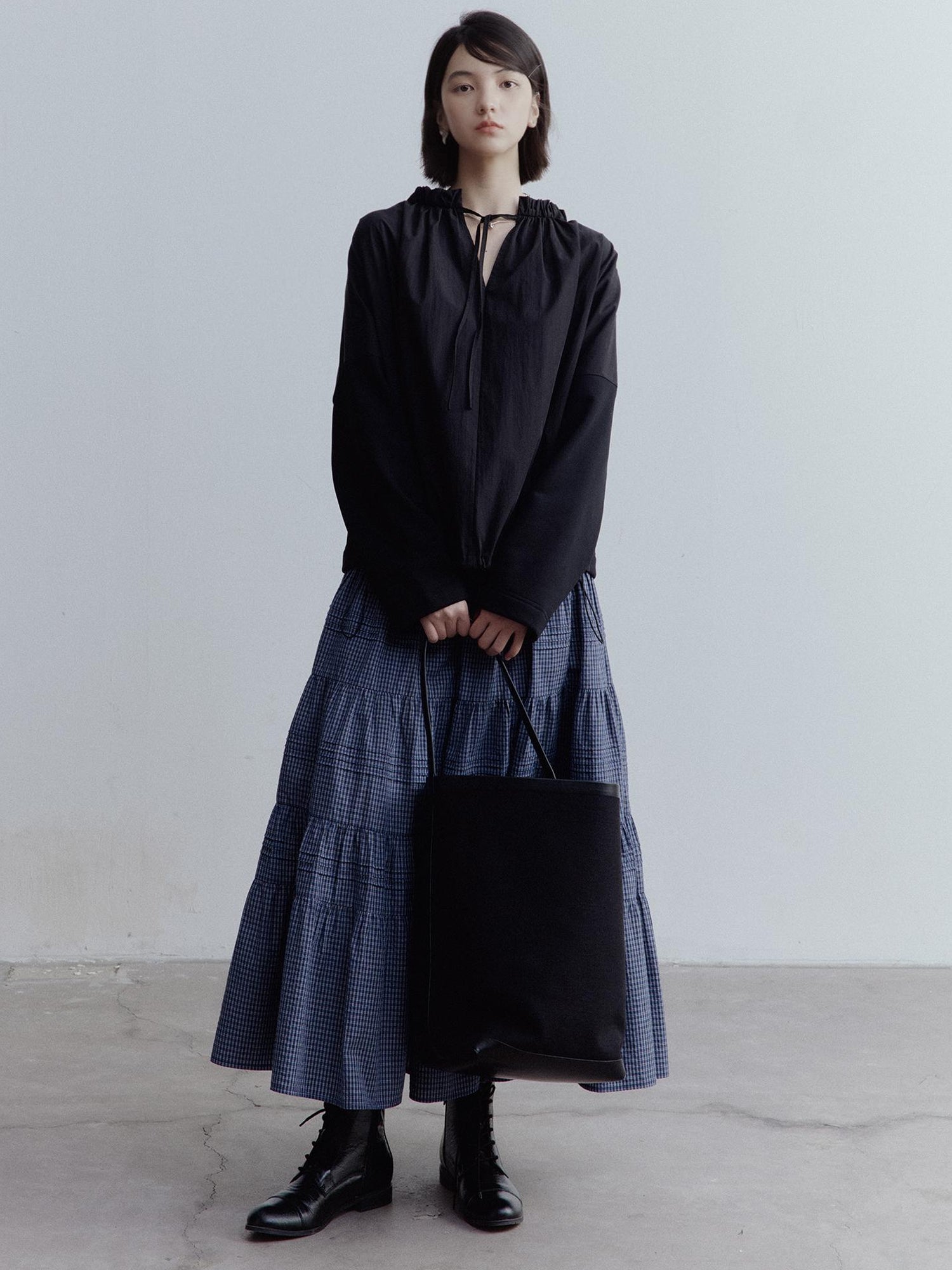 FUSSED Blue White Grid Tiered Ruffle Hem A Line Midi Skirt