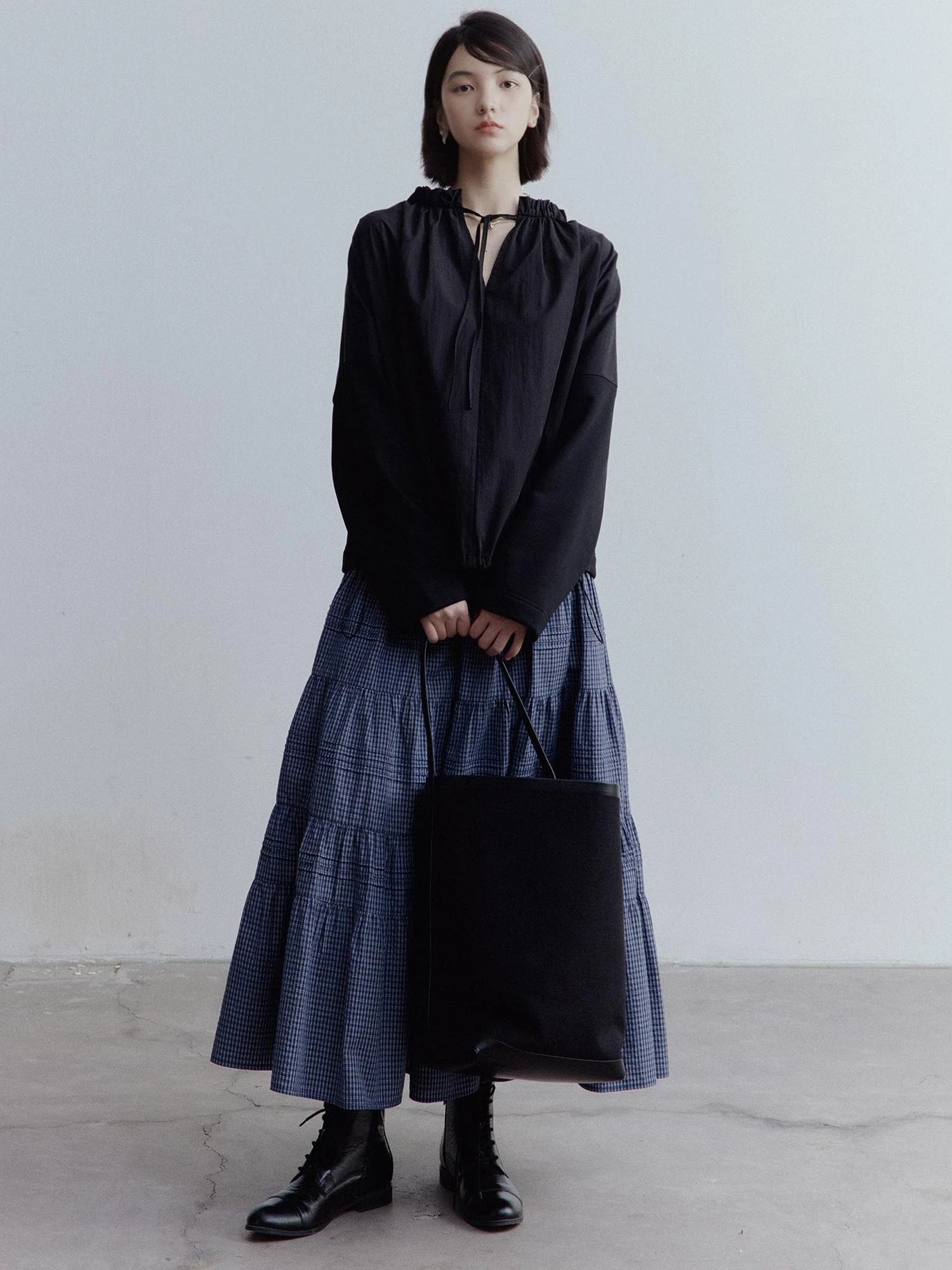 Blue White Grid Tiered Ruffle Hem A Line Midi Skirt