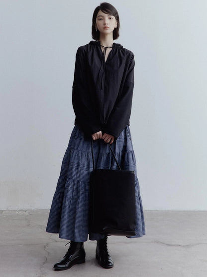 Blue White Grid Tiered Ruffle Hem A Line Midi Skirt