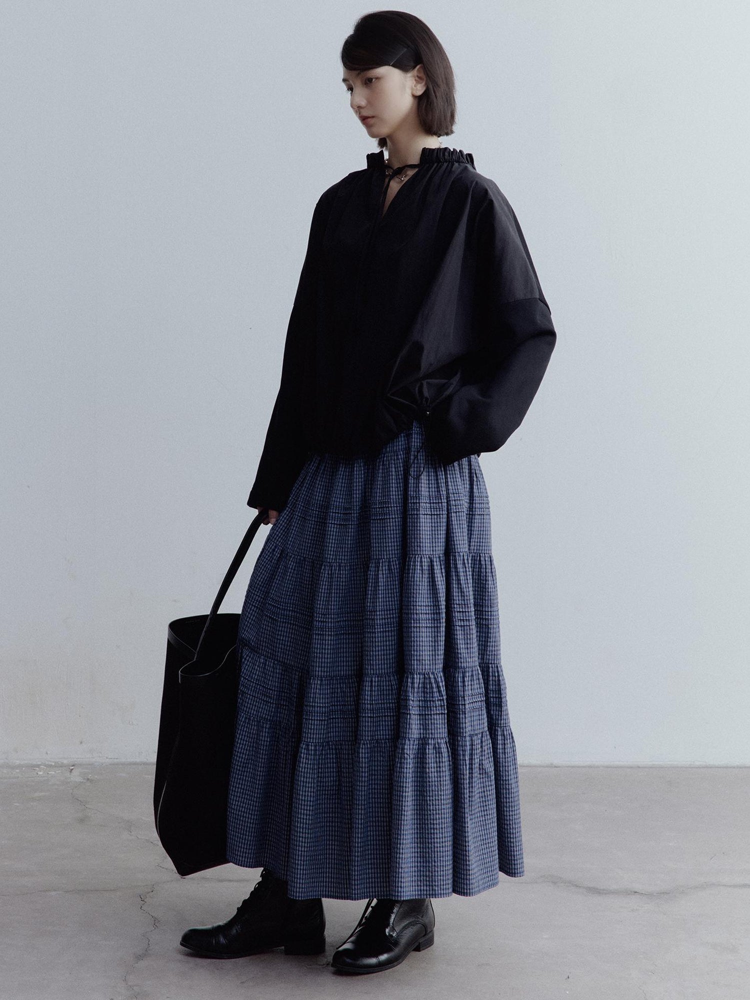 FUSSED Blue White Grid Tiered Ruffle Hem A Line Midi Skirt