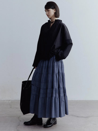 Blue White Grid Tiered Ruffle Hem A Line Midi Skirt