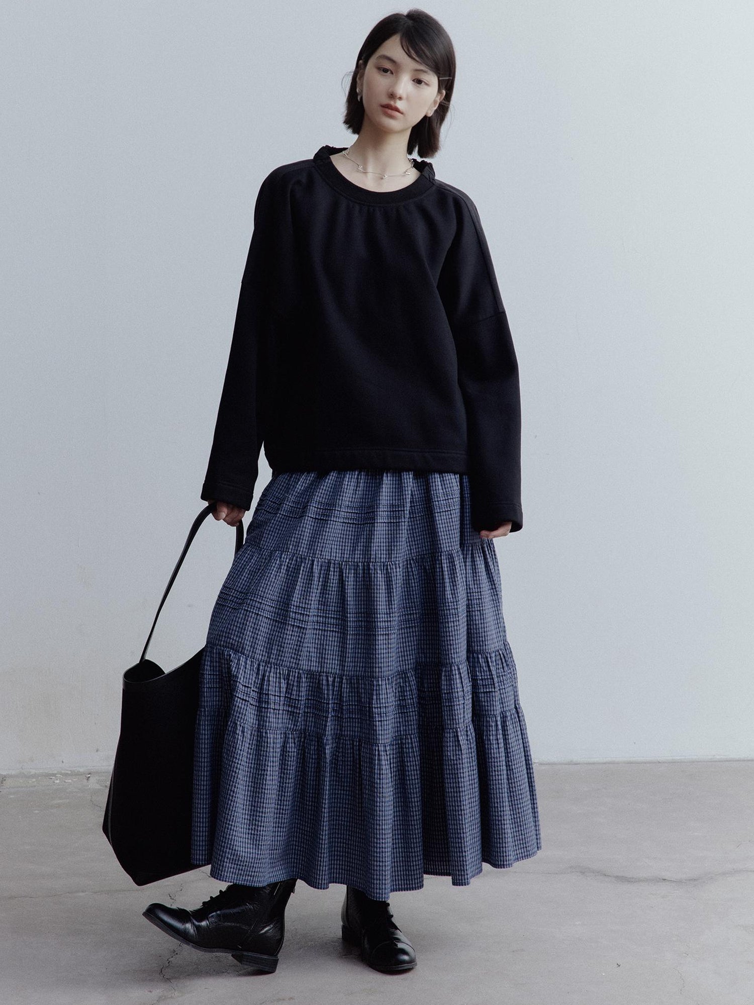 FUSSED Blue White Grid Tiered Ruffle Hem A Line Midi Skirt