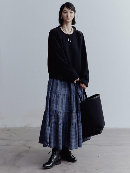 FUSSED Blue White Grid Tiered Ruffle Hem A Line Midi Skirt