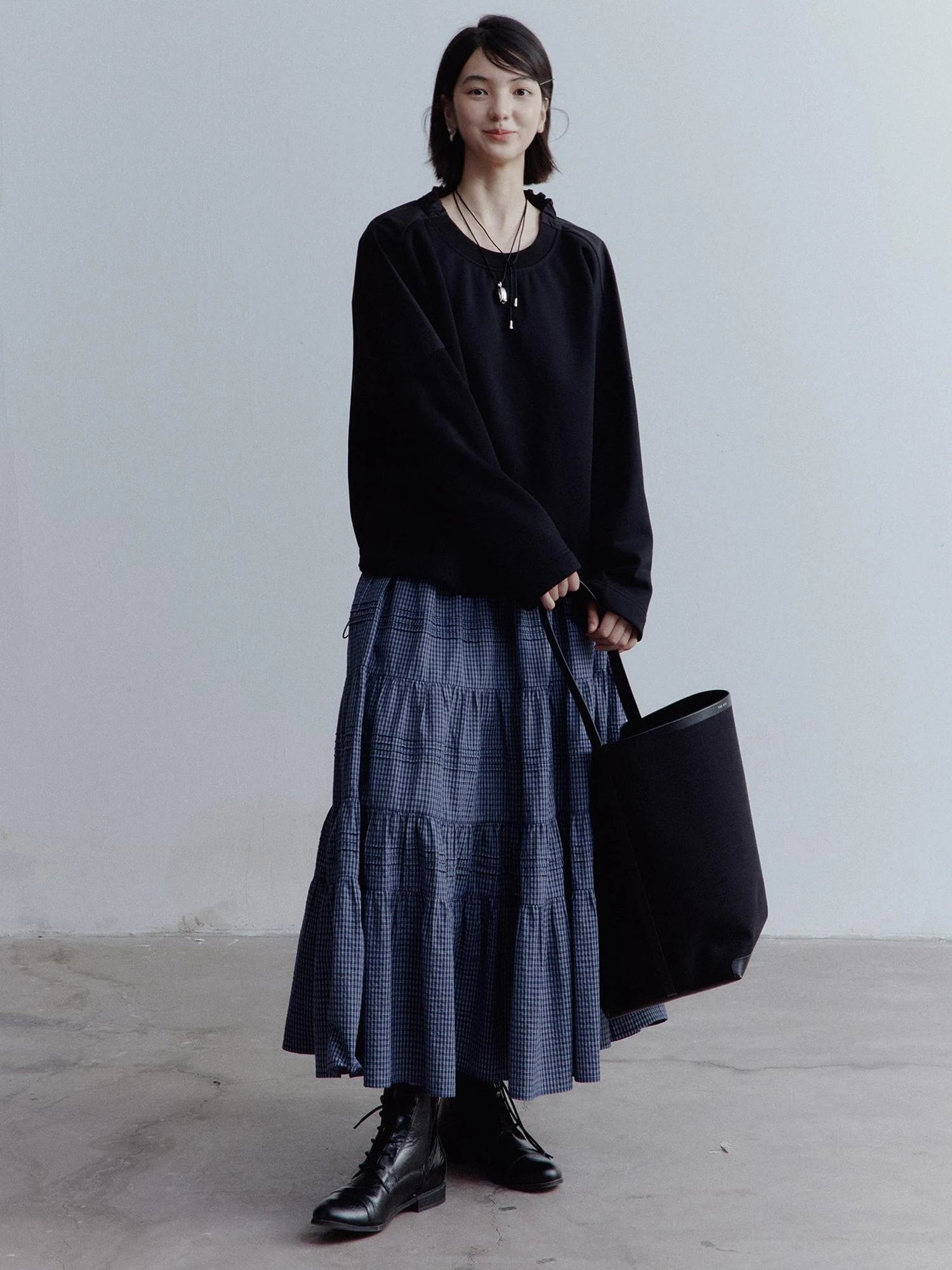 Blue White Grid Tiered Ruffle Hem A Line Midi Skirt